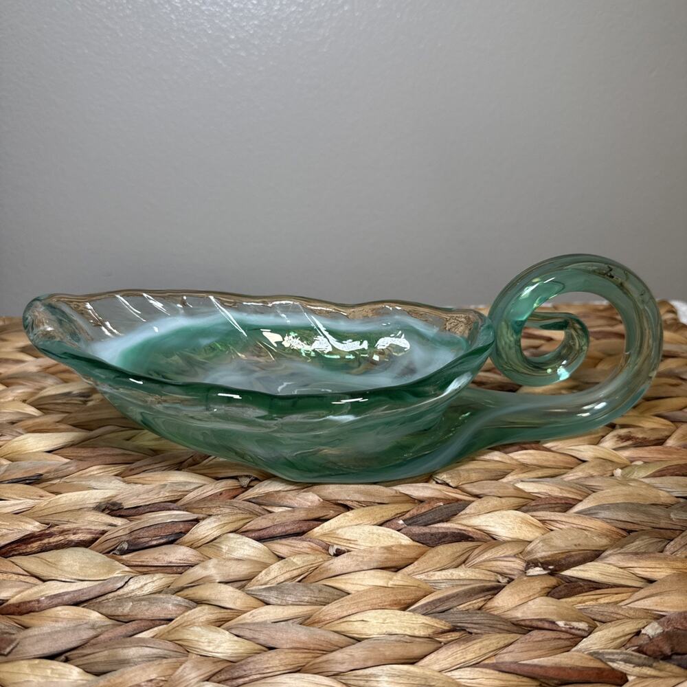 Vintage Aqua Art Glass Console Bowl Freeform Dish Vase Scroll Handle MCM 9.6”